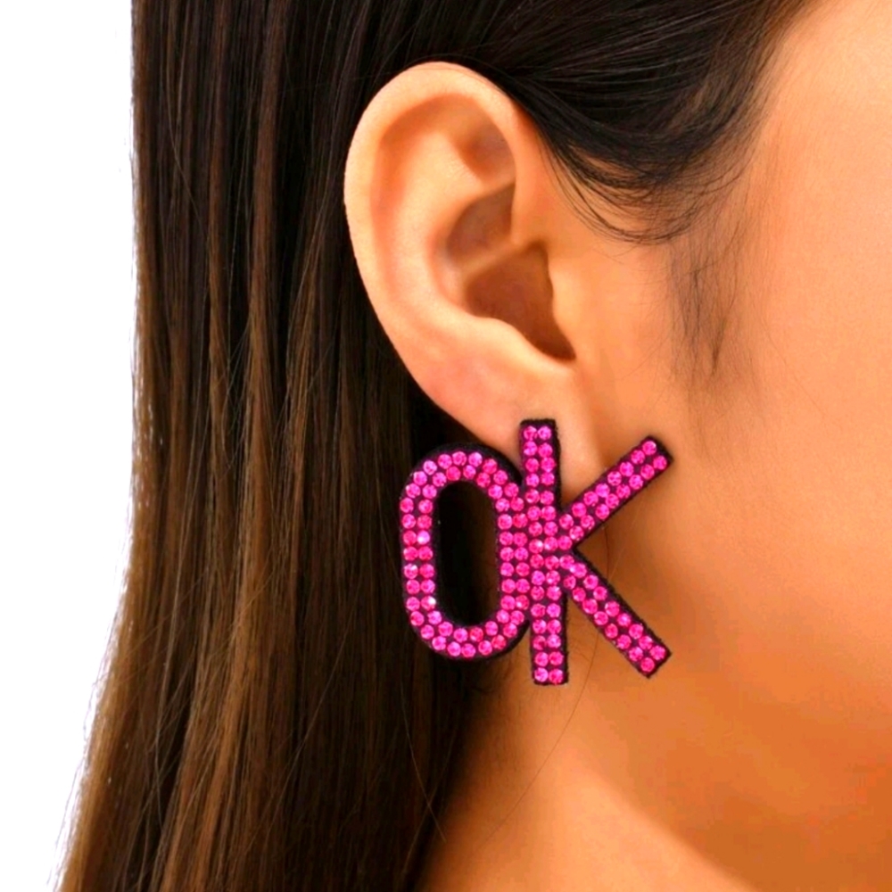 NEW! OK Rhinestone Letter Decor Stud Earrings